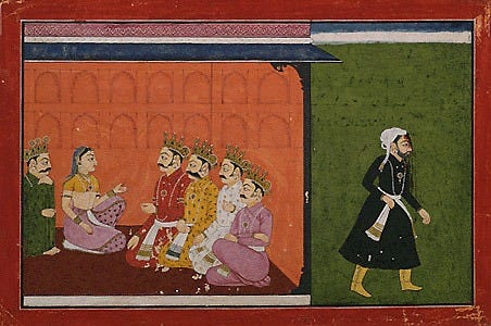 द्रौपदी और पांडवों के सामने अश्वत्थामा — पहाड़ी लघुचित्र (लगभग 1730)