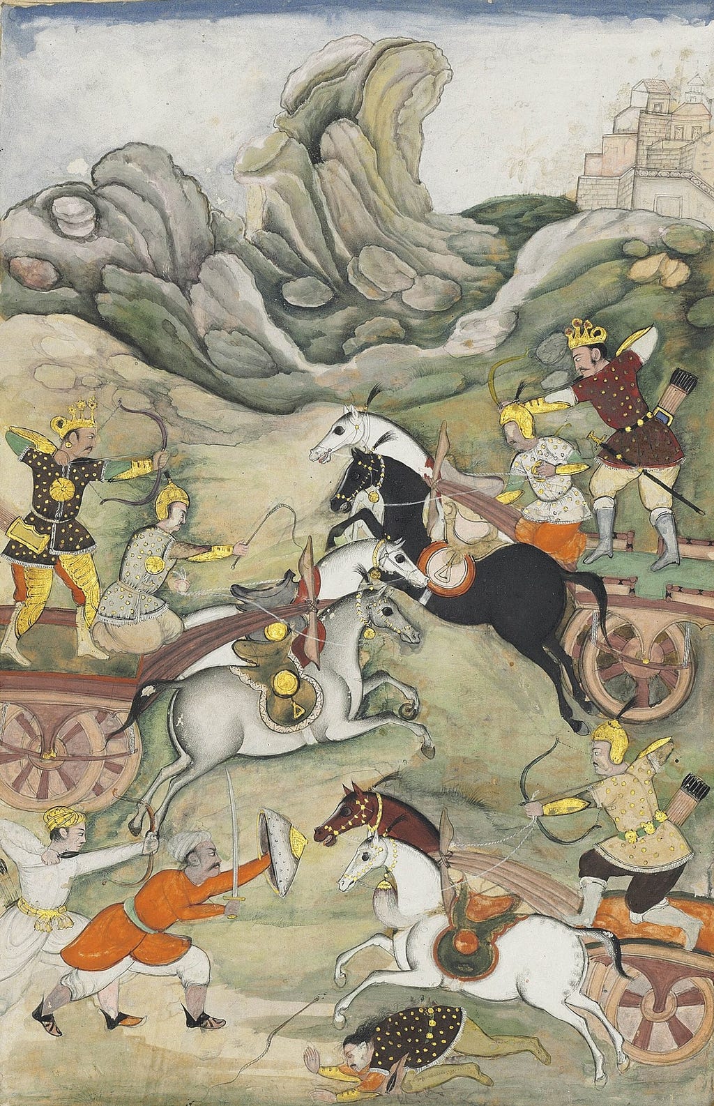 धृष्टद्युम्न और अश्वत्थामा युद्ध में — रज़्मनामा (फ़ारसी महाभारत, 1598) का चित्र